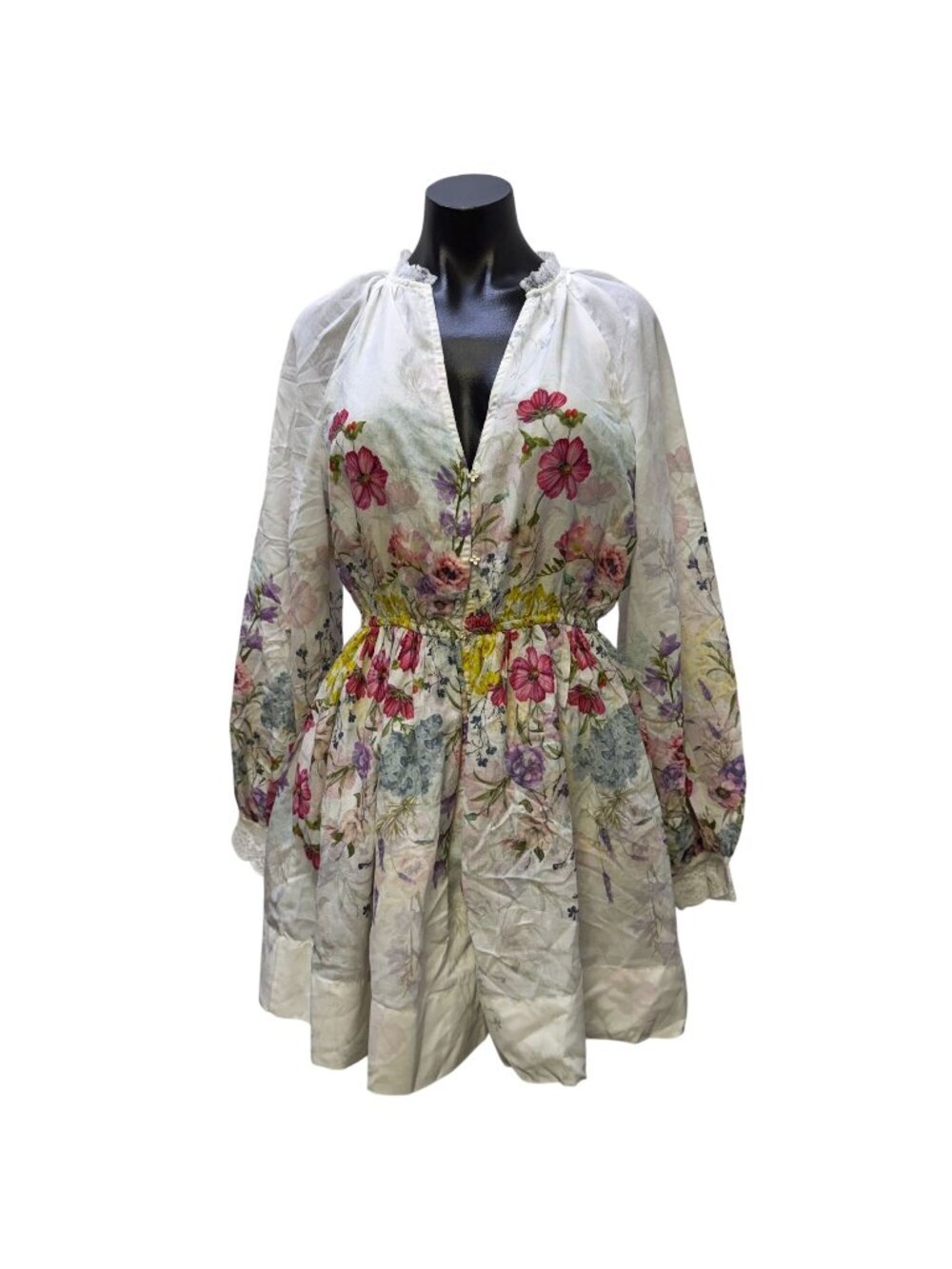 Letmebe Floral Print Dress White Multi Long Sleeves Size M